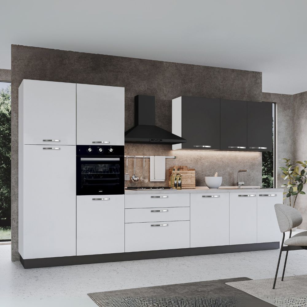 Cucina 360 cm con elettrodomestici Iris colore bianco lucido e pensili grafite