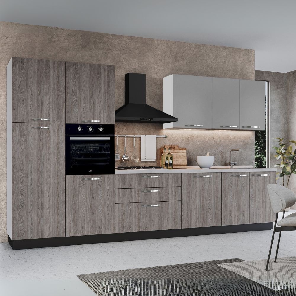 Cucina 360 cm con elettrodomestici Iris colore forest grigio e pensili grigio chiaro