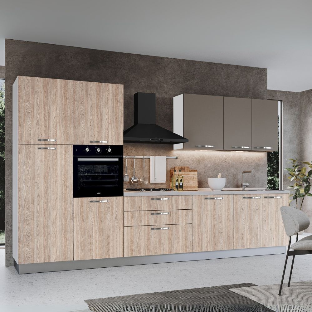 Cucina 360 cm con elettrodomestici Iris colore rovere gessato e pensili tortora