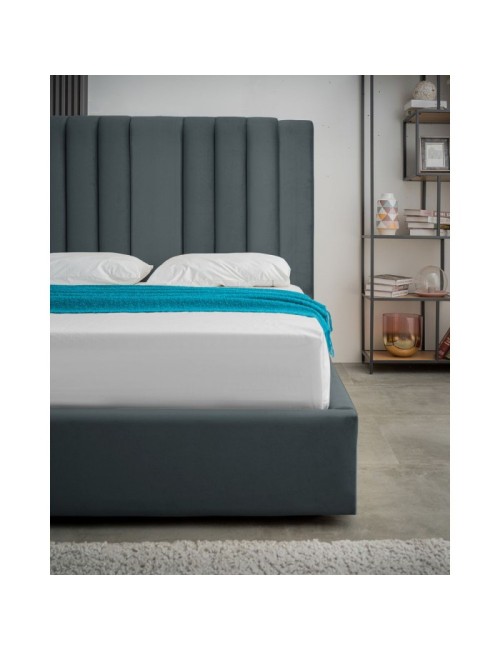 Letto matrimoniale Wilma imbottito con contenitore in tessuto Vogue colore blu pacific