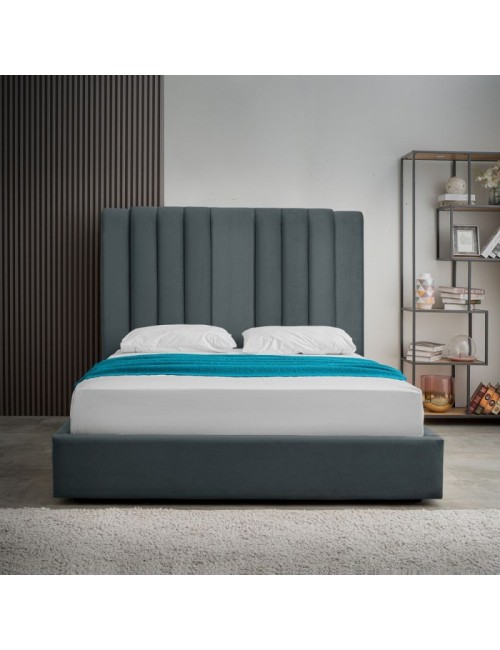 Letto matrimoniale Wilma imbottito con contenitore in tessuto Vogue colore blu pacific