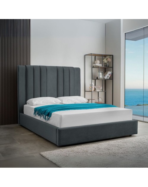 Letto matrimoniale Wilma imbottito con contenitore in tessuto Vogue colore blu pacific