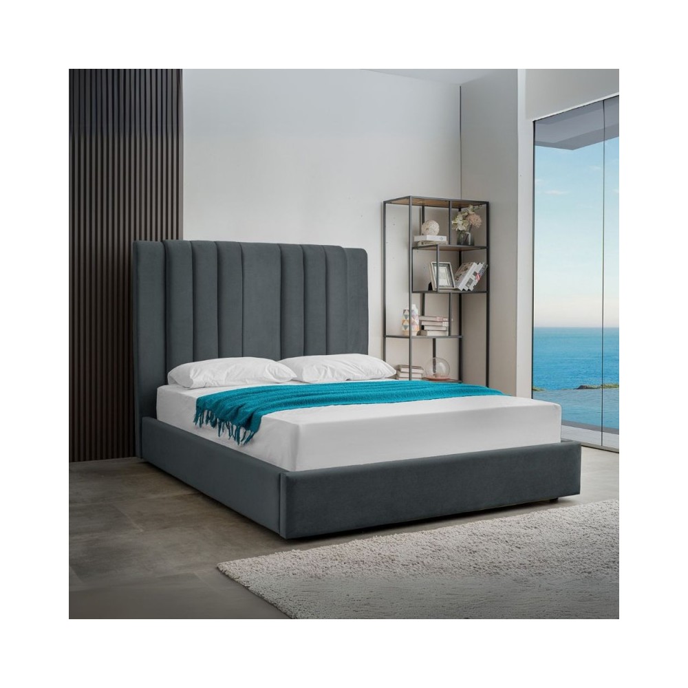 Letto matrimoniale Wilma imbottito con contenitore in tessuto Vogue colore blu pacific