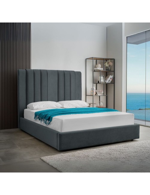 Letto matrimoniale Wilma imbottito con contenitore in tessuto Vogue colore blu pacific