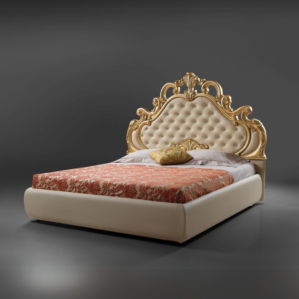 Letto matrimoniale contenitore Aleksandra ecopelle crema testiera trapuntata con pietre cristallo 180x212x154H