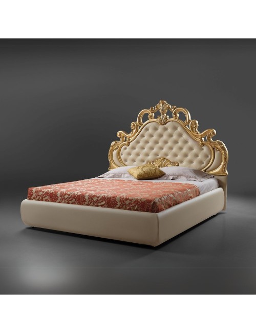 Letto matrimoniale contenitore Aleksandra ecopelle crema testiera trapuntata con pietre cristallo 180x212x154H