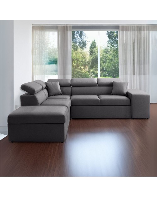 Divano letto angolare reversibile NewBelen grigio scuro pouf contenitore 280x230x77H