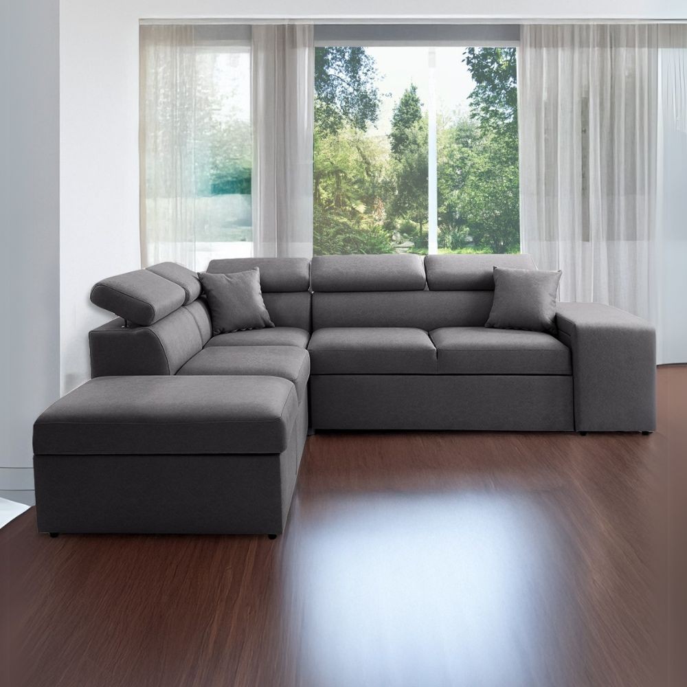 Divano letto angolare reversibile NewBelen grigio scuro pouf contenitore 280x230x77H