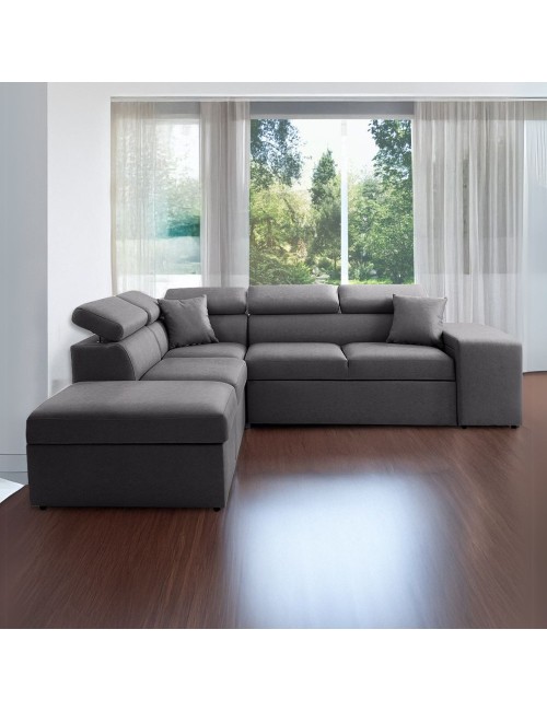 Divano letto angolare reversibile NewBelen grigio scuro pouf contenitore 280x230x77H