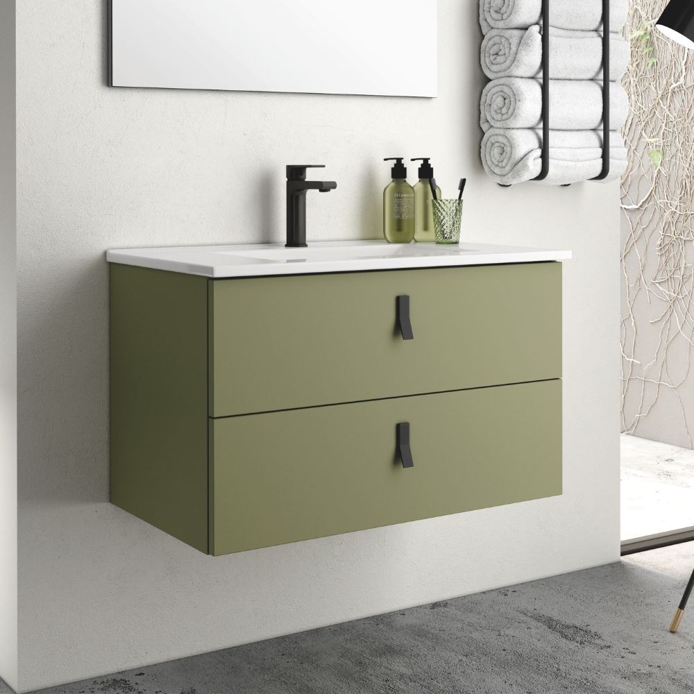 Mobile bagno sospeso colore verde oliva 2 cassetti Invicta 80x45x48H