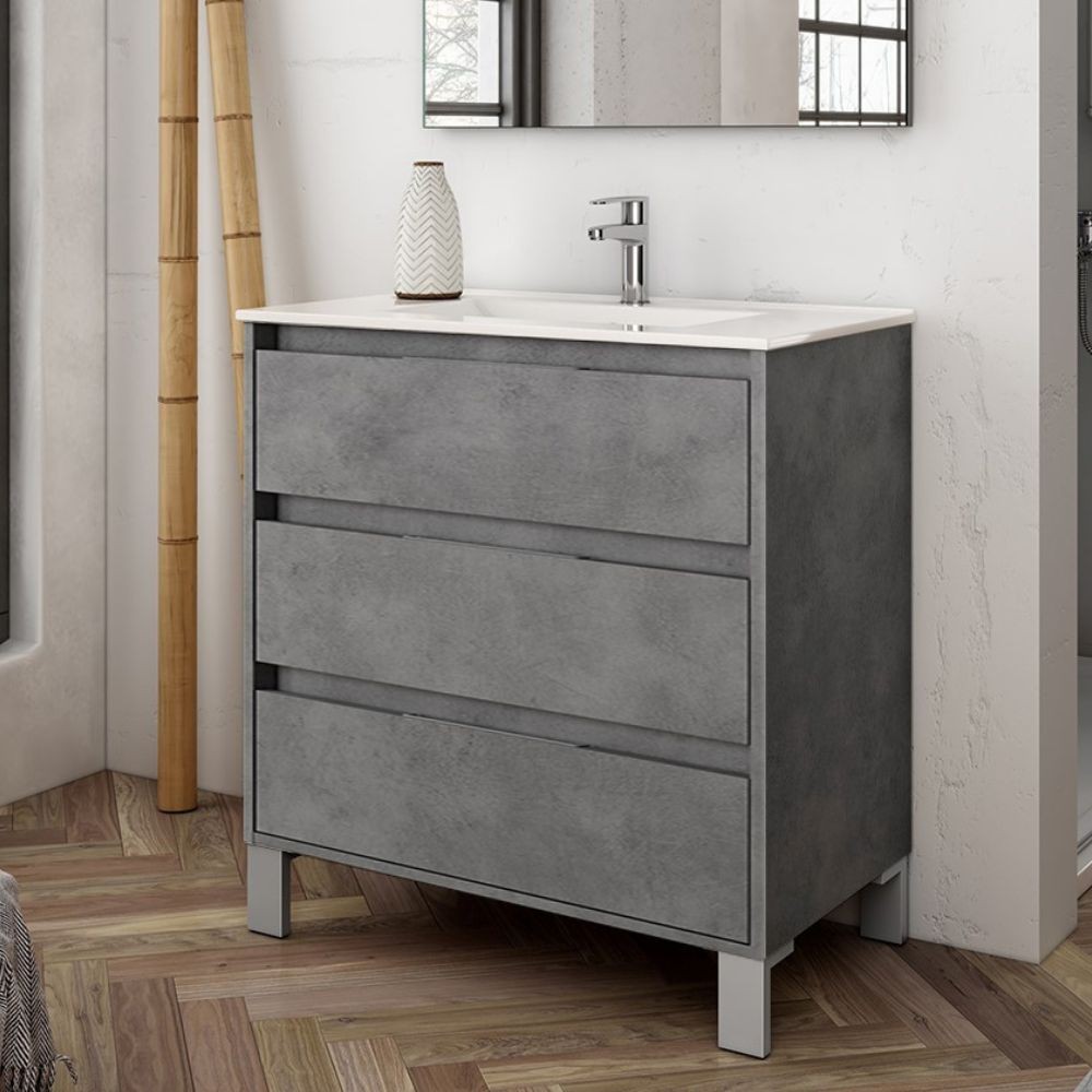 Mobile bagno Bolton colore cemento 80x45x84H con 3 cassetti: design moderno e funzionalità senza compromessi