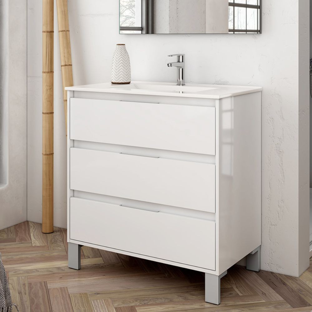 Mobile bagno Bolton colore bianco laccato lucido 80x45x84H con 3 cassetti: design moderno e funzionalità senza compromessi