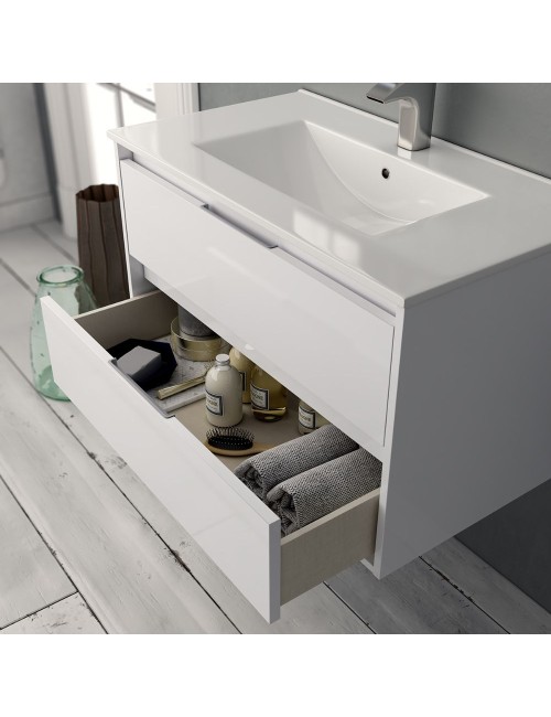 Mobile bagno sospeso Bolton colore bianco laccato lucido 60x45x48H 2 cassetti: design moderno e funzionalità