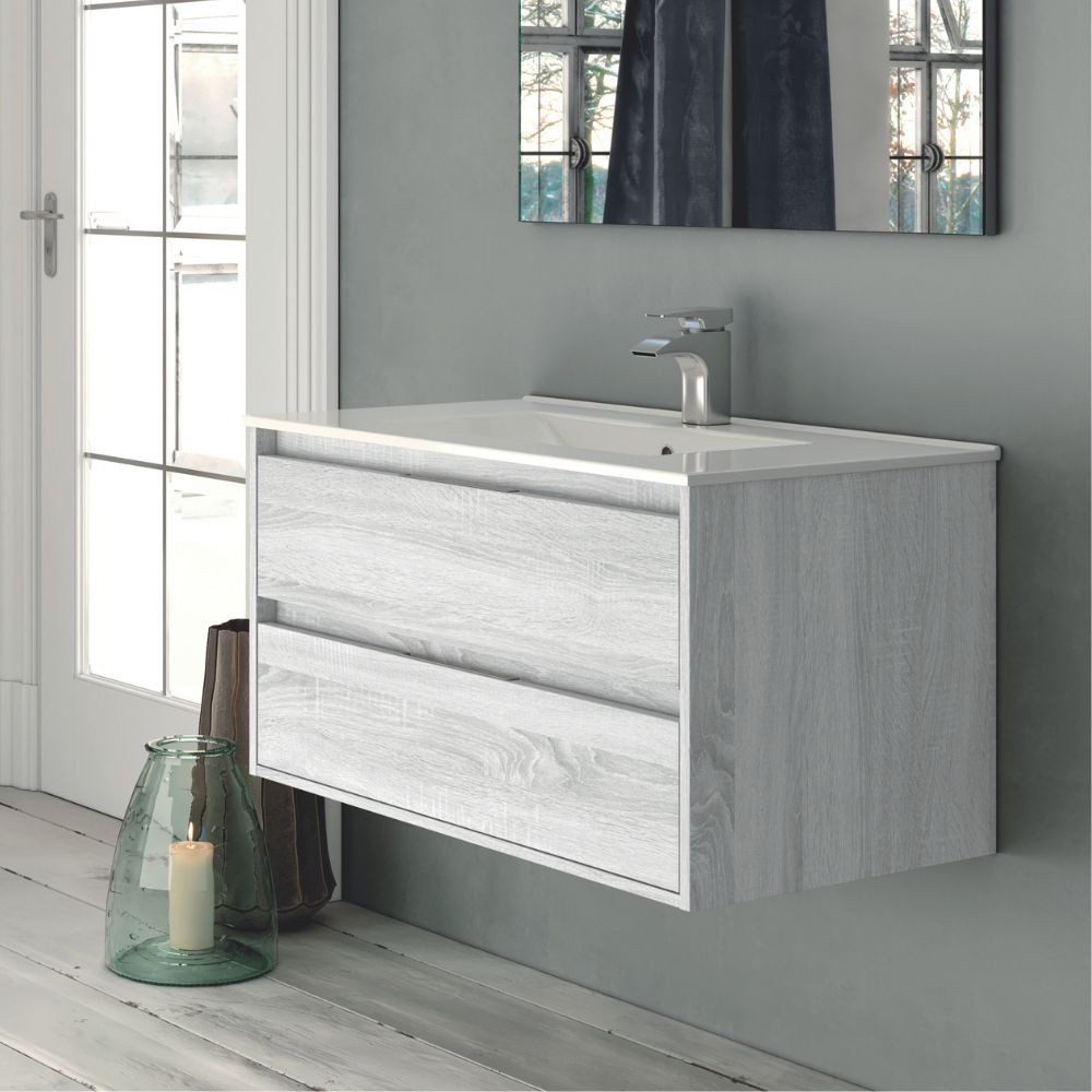 Mobile bagno sospeso Bolton colore rovere grigio ghiaccio 80x45x48H 2 cassetti: design moderno e funzionalità