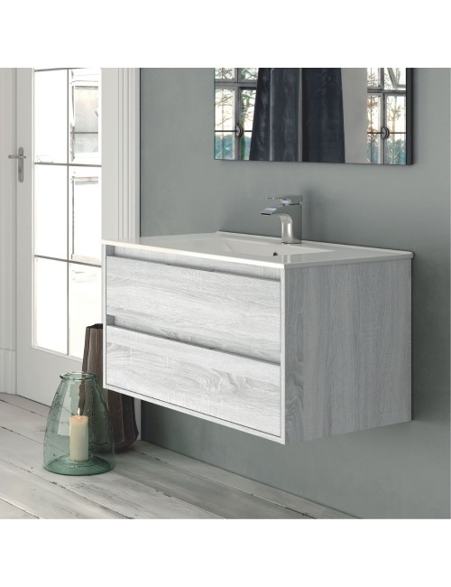 Mobile bagno sospeso Bolton colore rovere grigio ghiaccio 80x45x48H 2 cassetti: design moderno e funzionalità