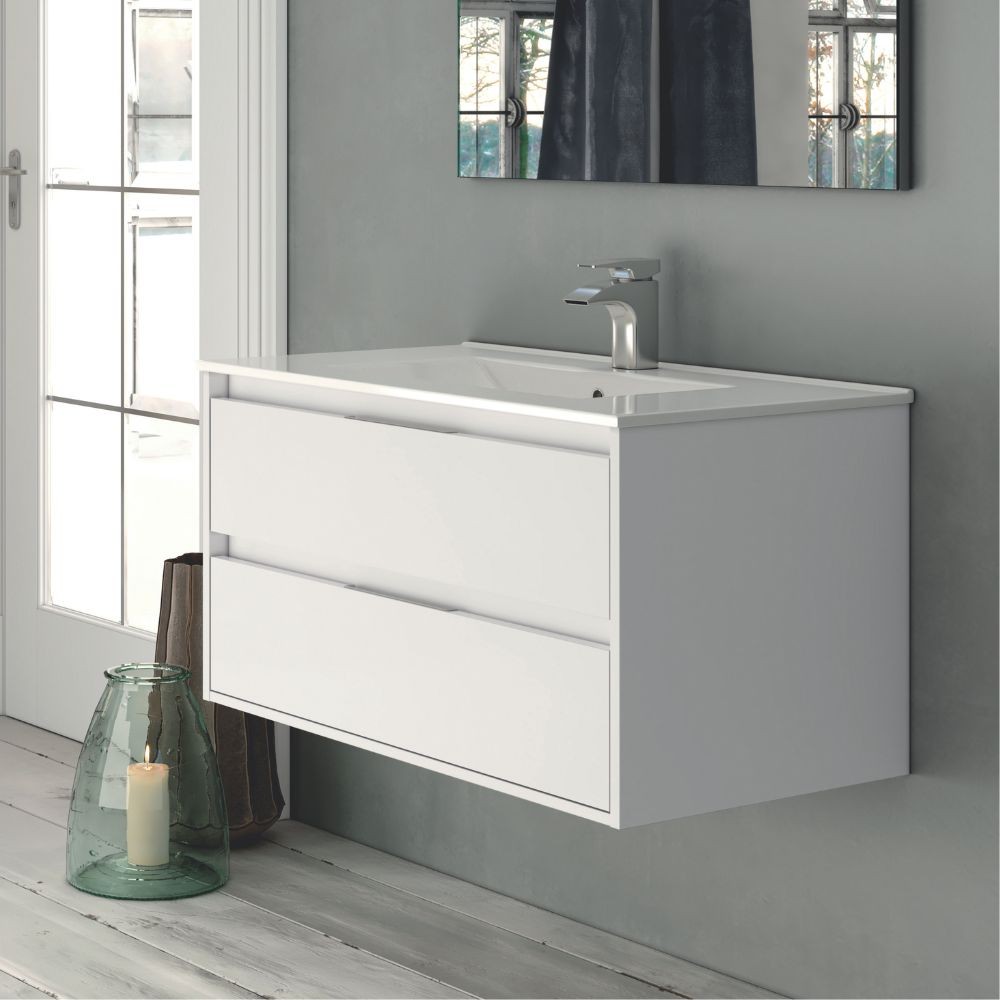 Mobile bagno sospeso Bolton colore bianco laccato lucido 80x45x48H 2 cassetti: design moderno e funzionalità