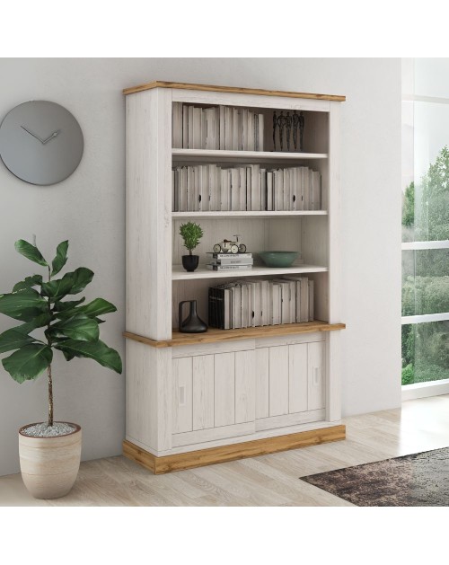 Credenza Libreria colore pino bianco e rovere 3 ripiani e 2 ante scorrevoli AnthonyIII 121.5x39,6x196H