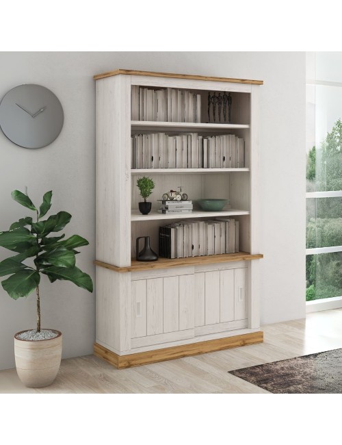 Credenza Libreria colore pino bianco e rovere 3 ripiani e 2 ante scorrevoli AnthonyIII 121.5x39,6x196H