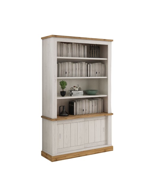 Credenza Libreria colore pino bianco e rovere 3 ripiani e 2 ante scorrevoli AnthonyIII 121.5x39,6x196H